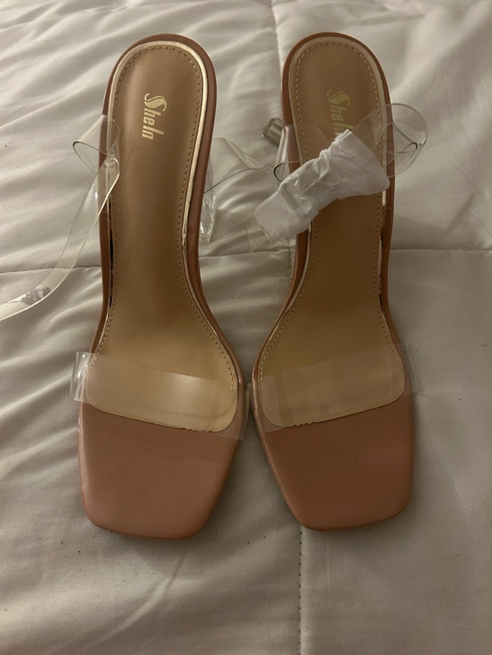 SHEIN Pink Nude Clear Strap Block Heel Sandals